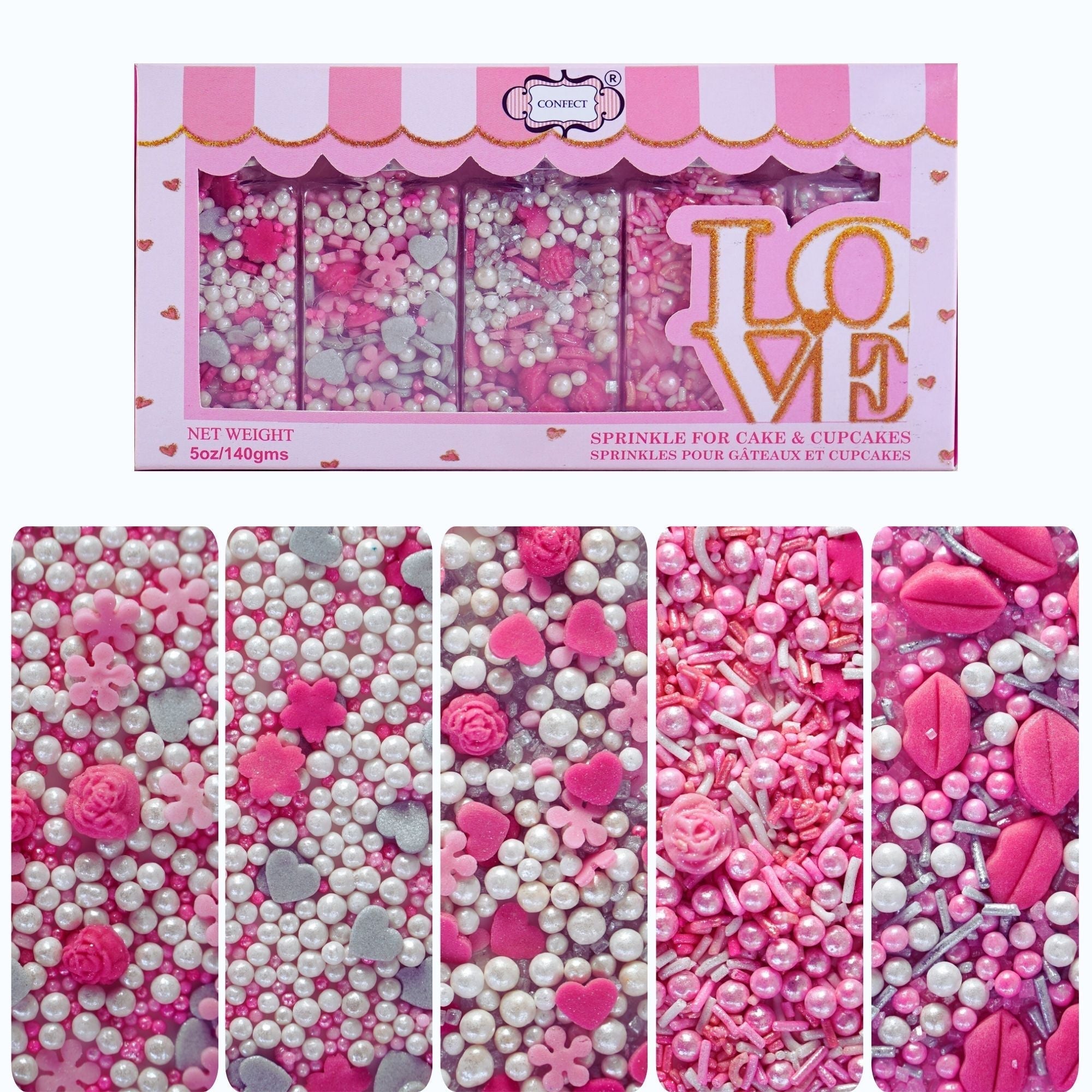 confect glittering grace sprinkles dazzling delight sprinkle glistening glamour sprinkles cake cupcake sprinkles pink mini lips roses sprinkles i silver hearts vermicelli and white pearls baby shower sprinkles mix pack of 5