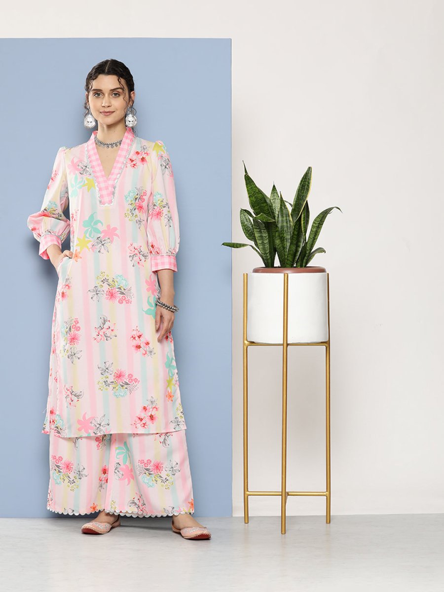 Ahalyaa Women Pink Floral Printed Gotta Patti Kurta with Palazzos