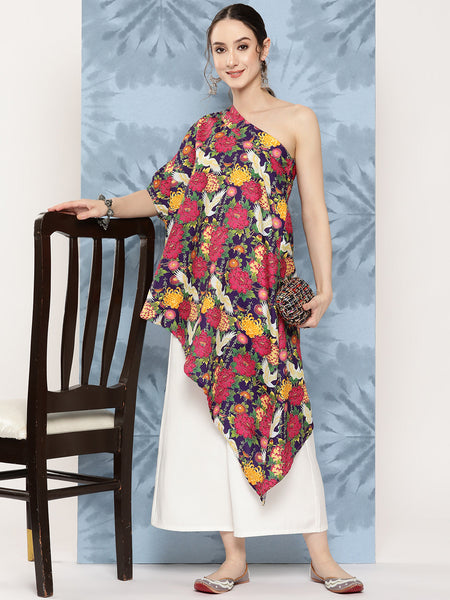 InWeave Women's Navy Bird Japanese Art Oneshoulder Top