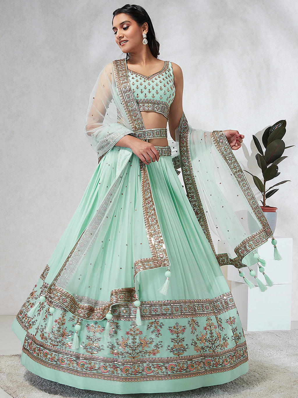 House of Panchhi Burgundy Pure Georgette Sequins And Thread Embroidery Lehenga Choli & Dupatta