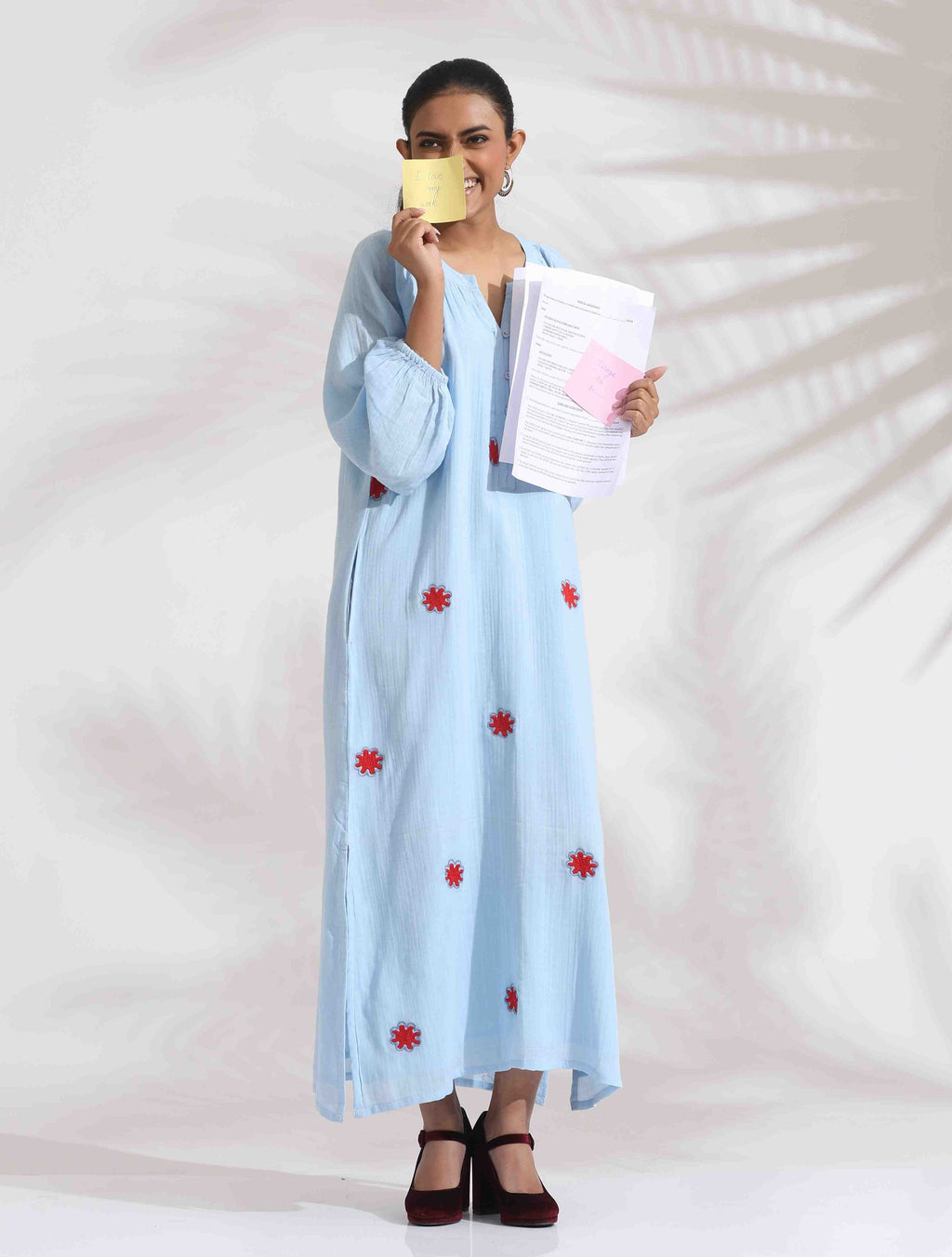 trueBrowns Blue Cotton Embroidered Dress - Distacart