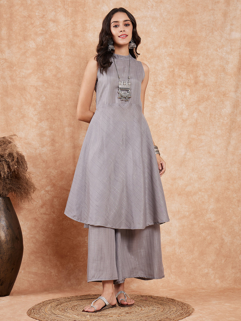 InWeave Light Grey Lurex Halter Neck W/S Kurta Palazzo Set - Distacart