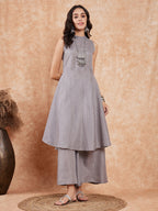 InWeave Light Grey Lurex Halter Neck W/S Kurta Palazzo Set - Distacart