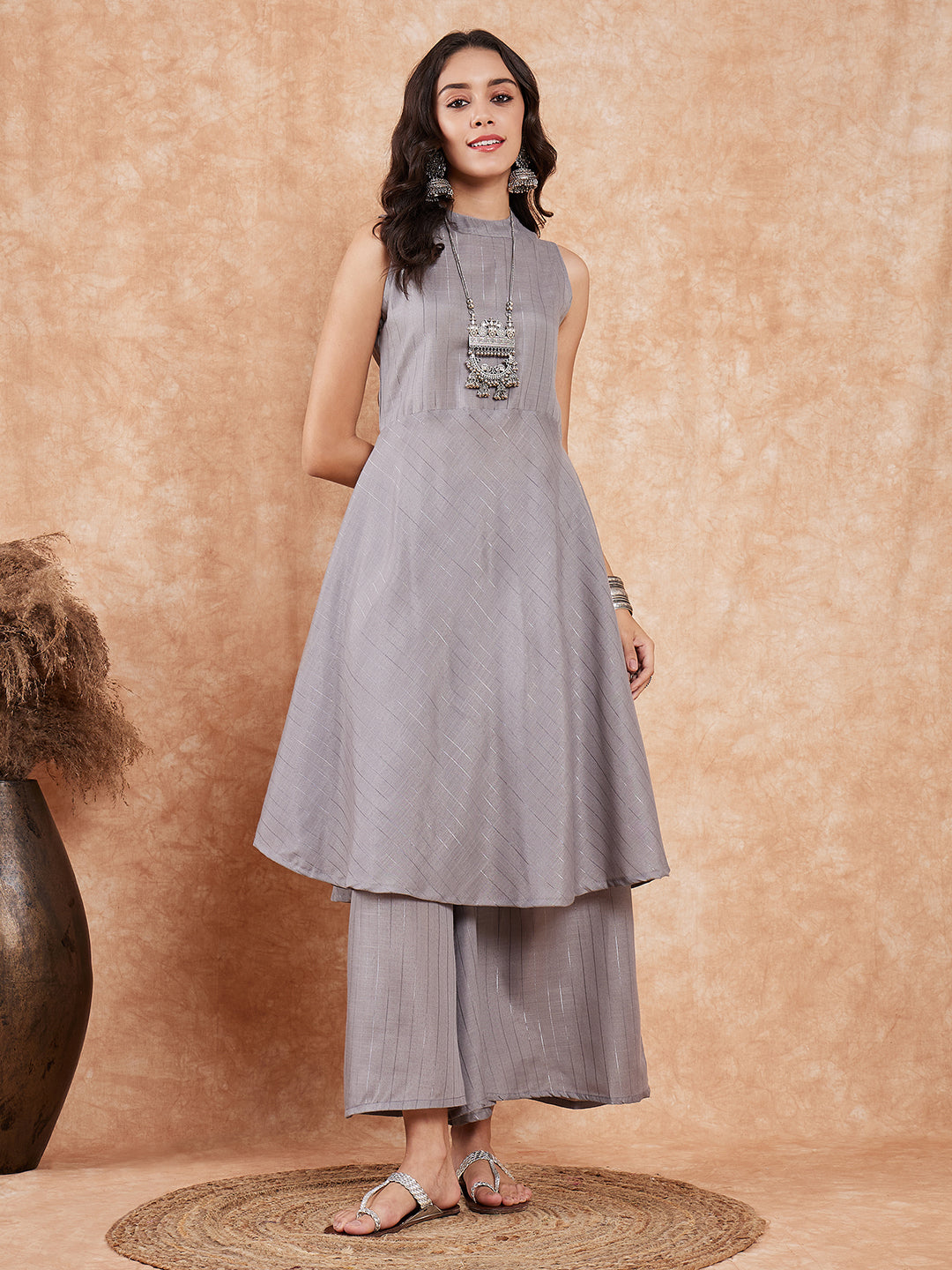 InWeave Light Grey Lurex Halter Neck W/S Kurta Palazzo Set - Distacart