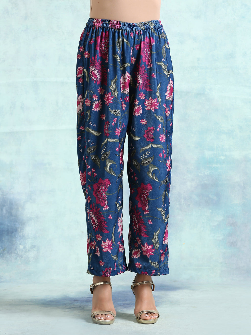 trueBrowns Blue Printed Velvet Pant