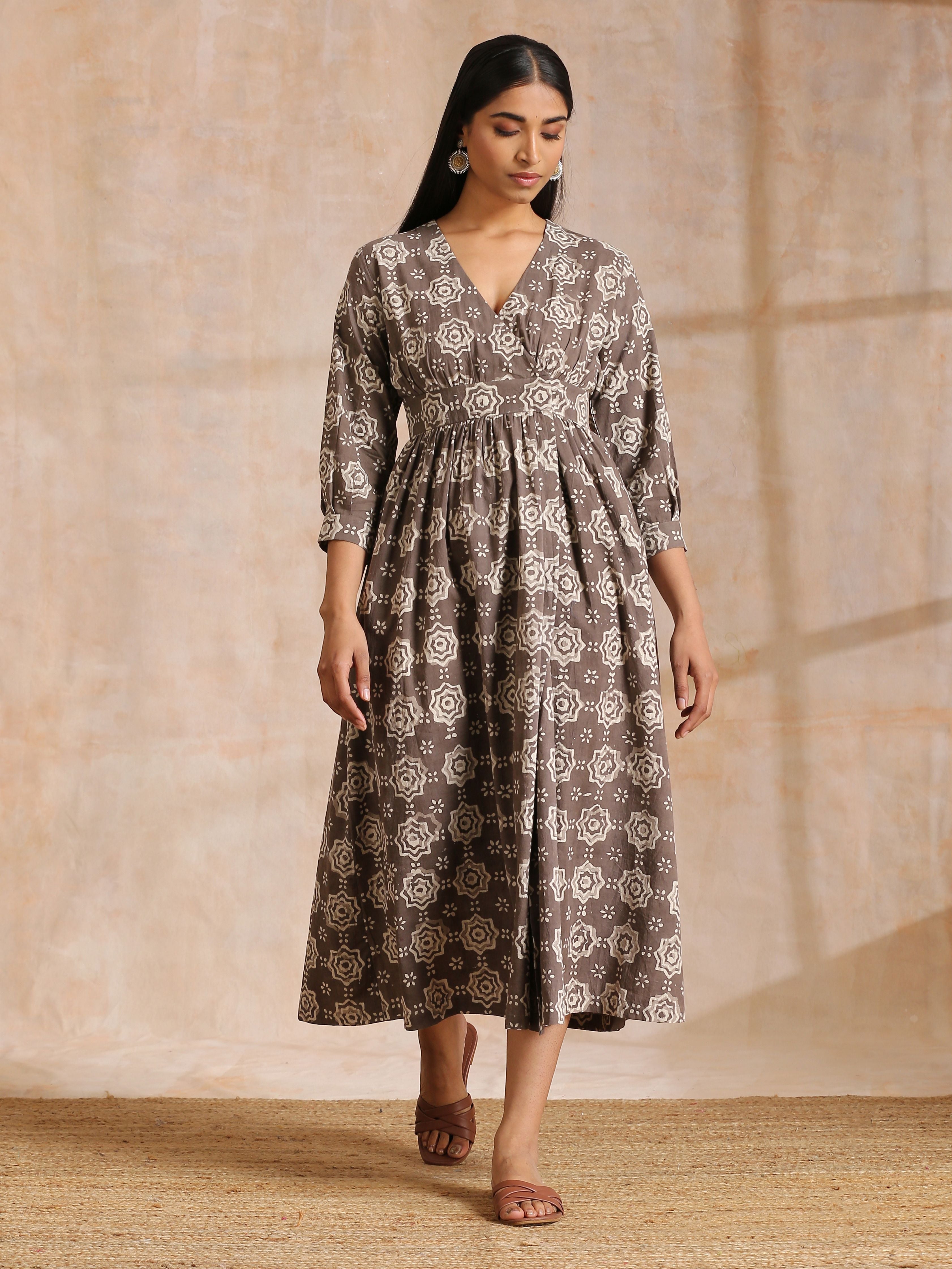 trueBrowns Clay Dabu Overall Print Cotton Wrap Dress | Relove - Distacart