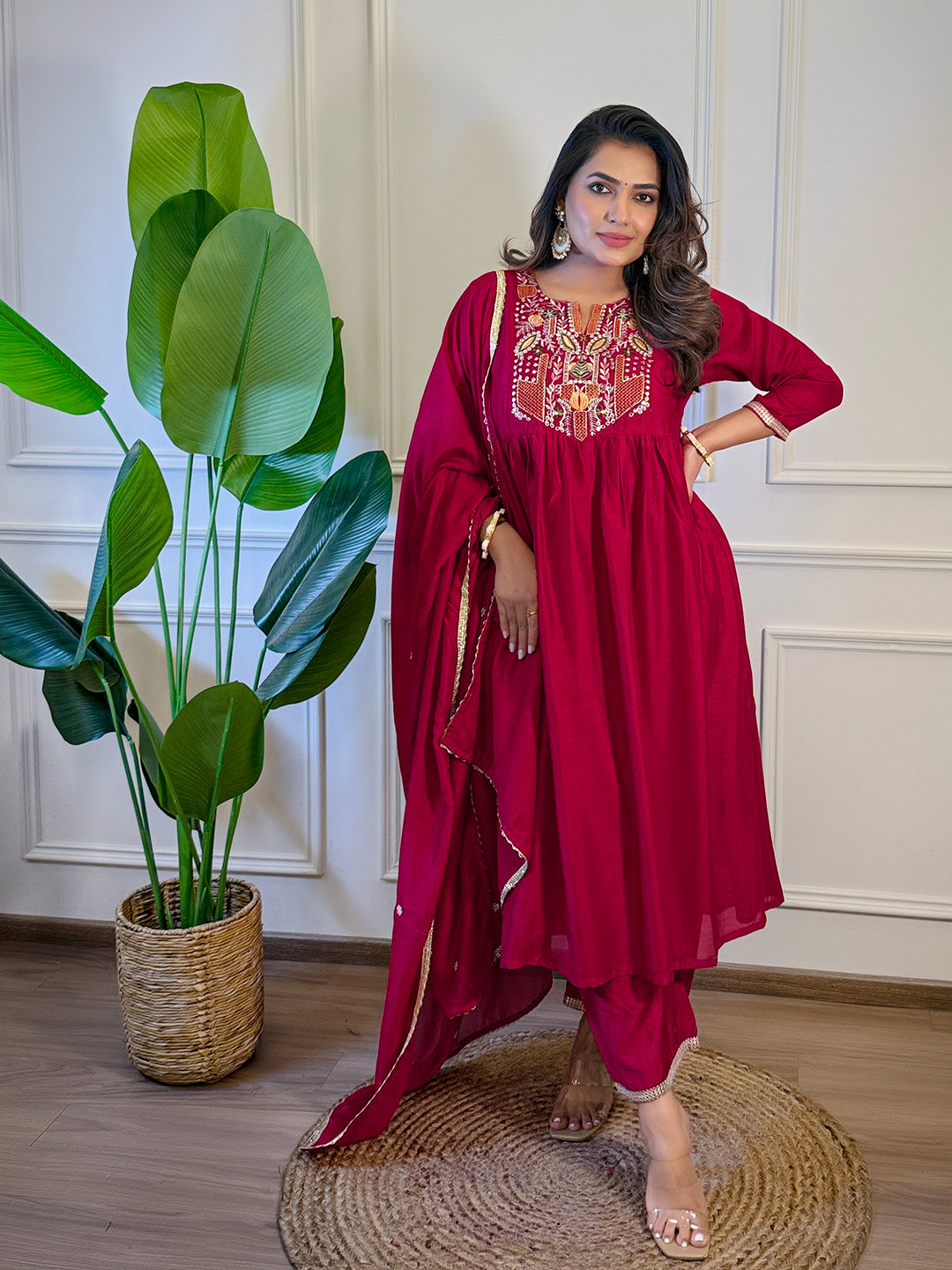 The52 Women's Gorgeous Vichitra Silk Embroidery Flared Kurta with Palazzo And Dupatta Set - Distacart