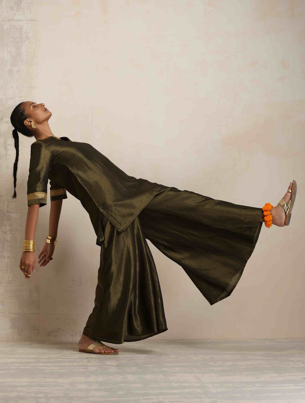 trueBrowns Olive Green Tissue Sharara Set - Distacart