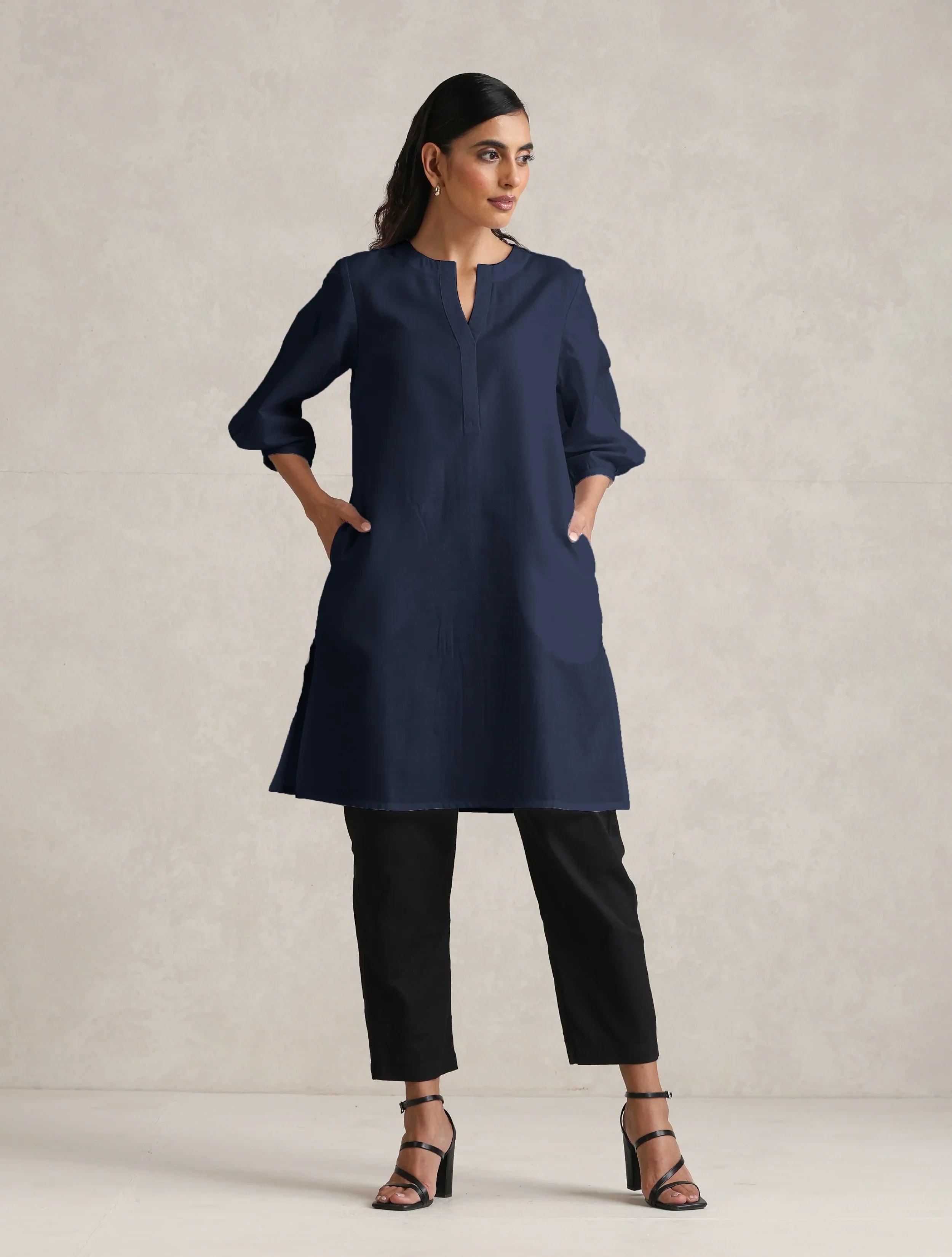 trueBrowns Blue Cotton Blend Short Kurta - Distacart