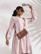trueBrowns Off-White Cotton Multi Stripe Short Dress - Distacart
