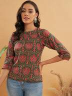 InWeave Women's Green Red Mughal Kalamkari Top