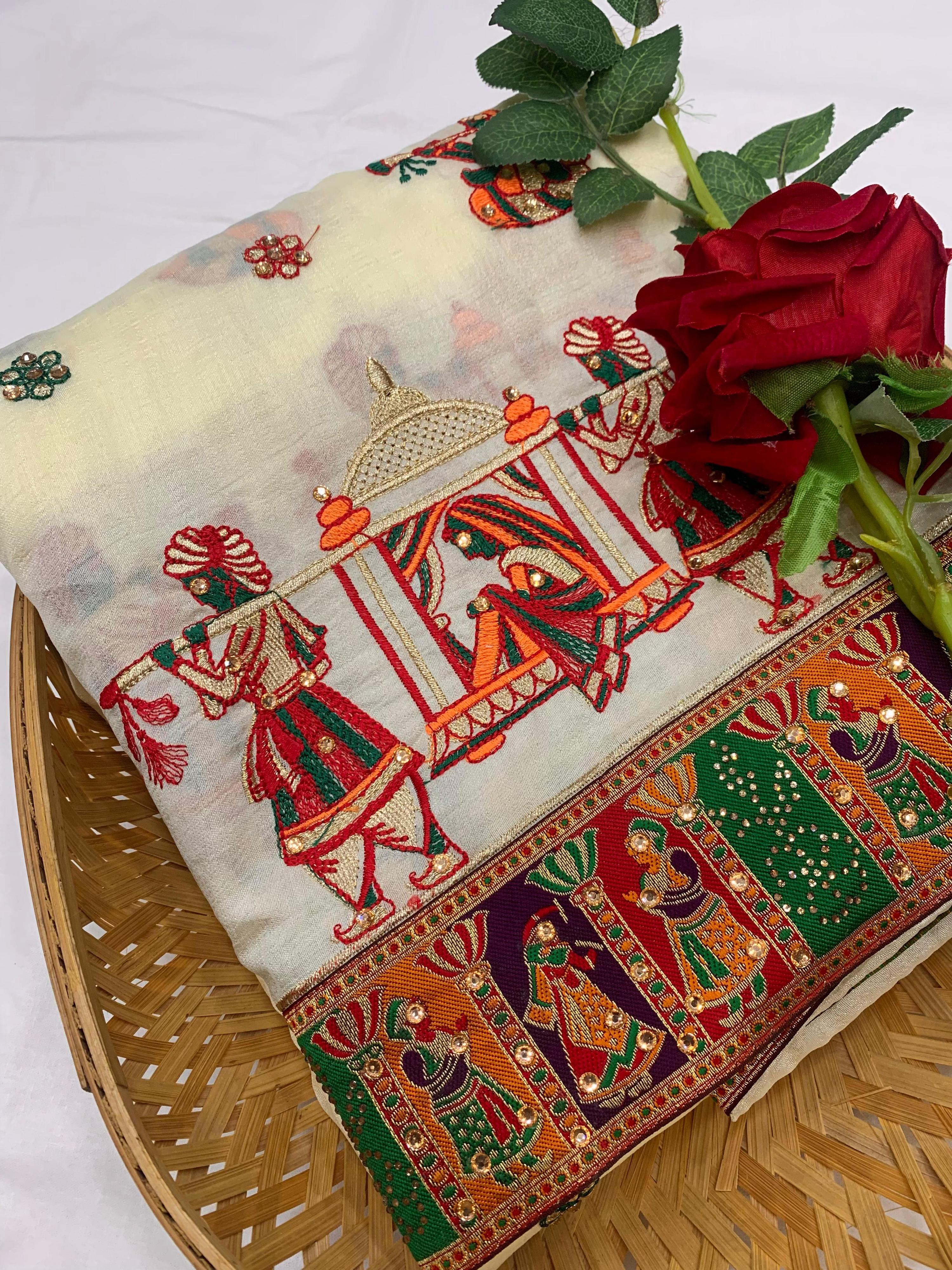 Lorenvalley Fashion Premium White Vichitra Silk Embroidery and Diamond work Both Side Saree