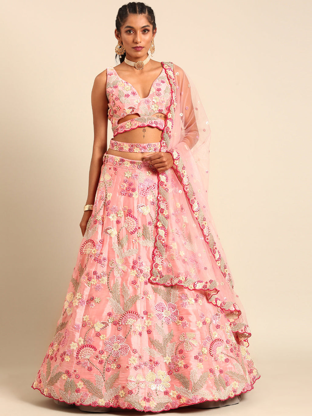 House of Panchhi Pink Organza Sequins And Zarkan Embroidery Lehenga Choli & Dupatta