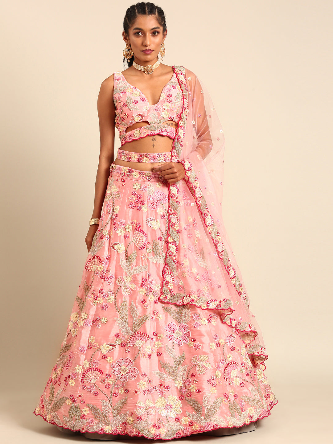 House of Panchhi Pink Organza Sequins And Zarkan Embroidery Lehenga Choli & Dupatta