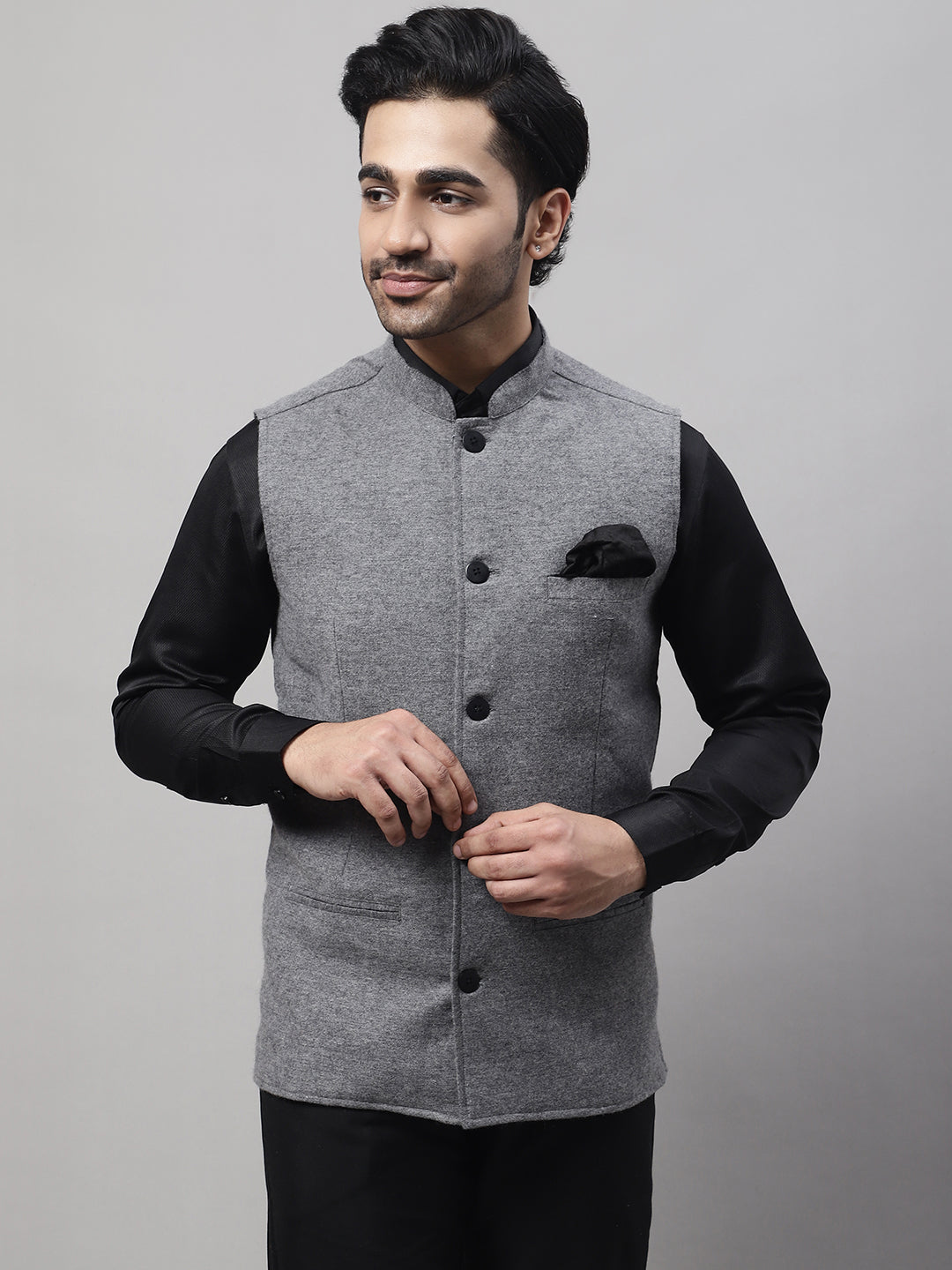 Even Apparels Men's Grey Pure Wool Nehru Jacket