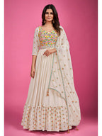 Myra White Chinon Silk Embroidered Gown - Distacart