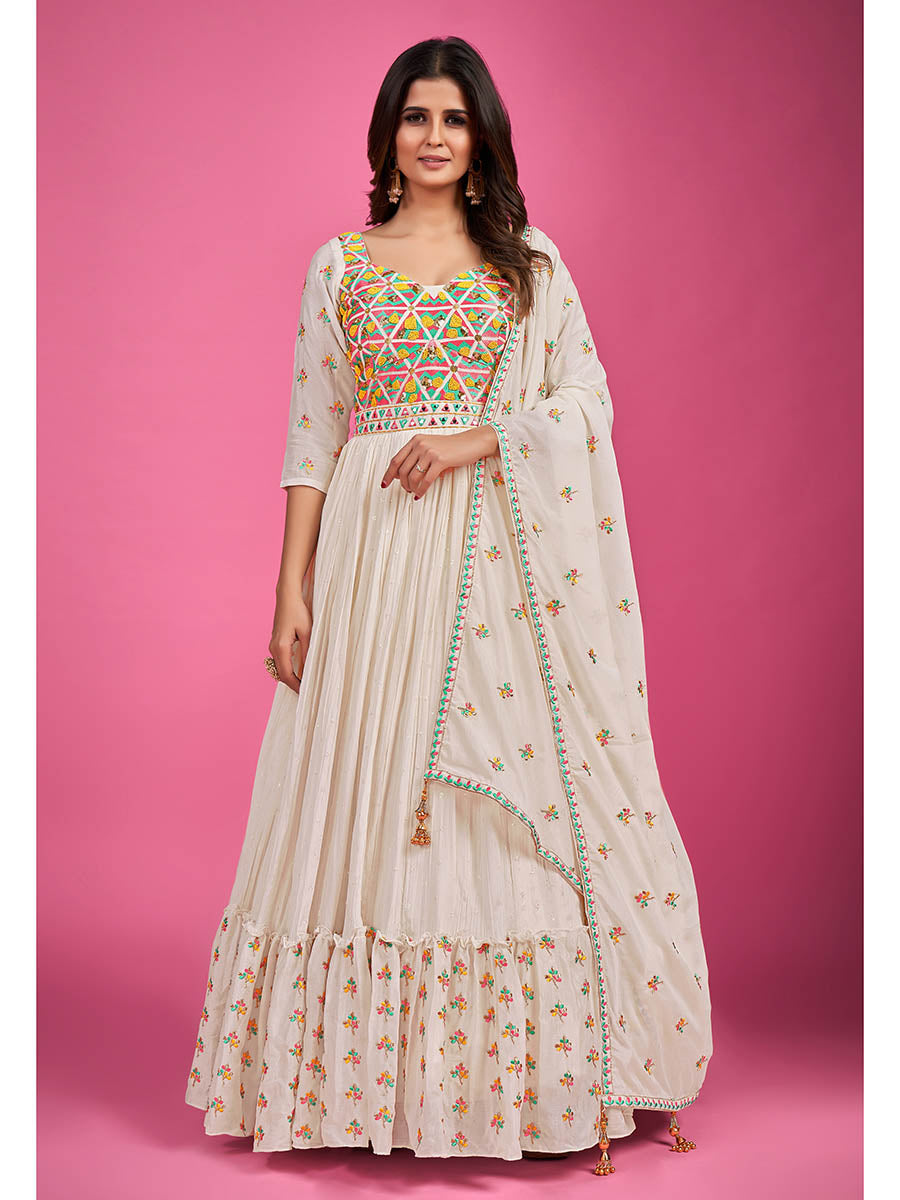Myra White Chinon Silk Embroidered Gown - Distacart