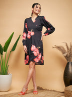 InWeave Women's Black Red Big Flower Belted Dress - Distacart