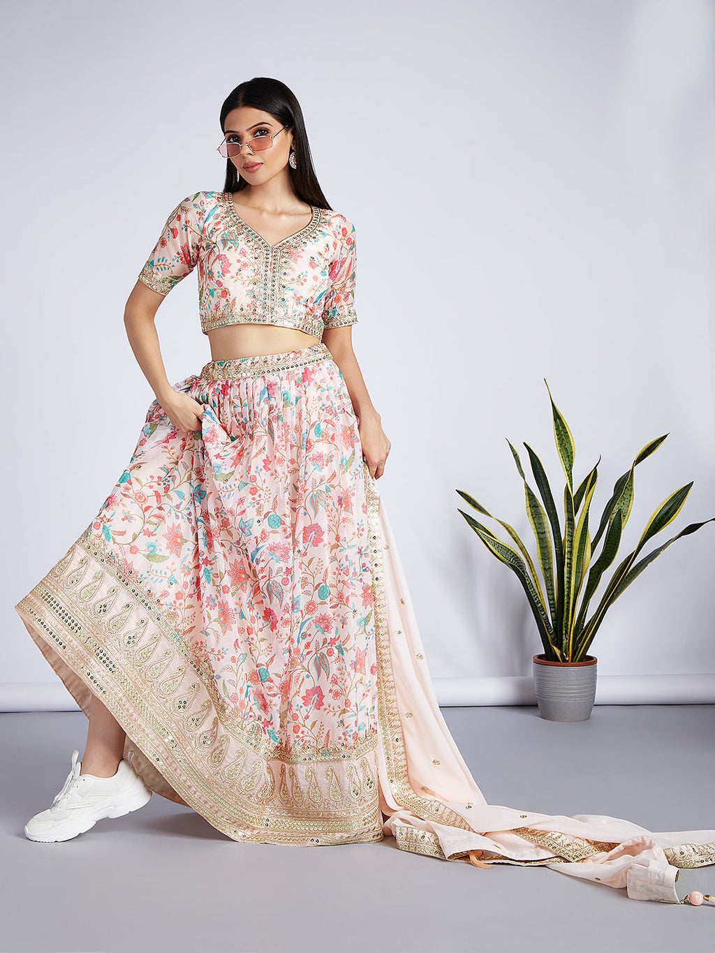 House of Panchhi Cream Colour Organza Floral Design Digital Print Lehenga Choli & Dupatta