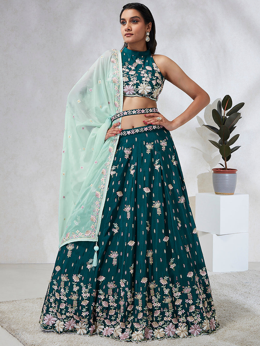 House of Panchhi Green Pure Georgette Sequins And Thread Embroidery Lehenga Choli & Dupatta