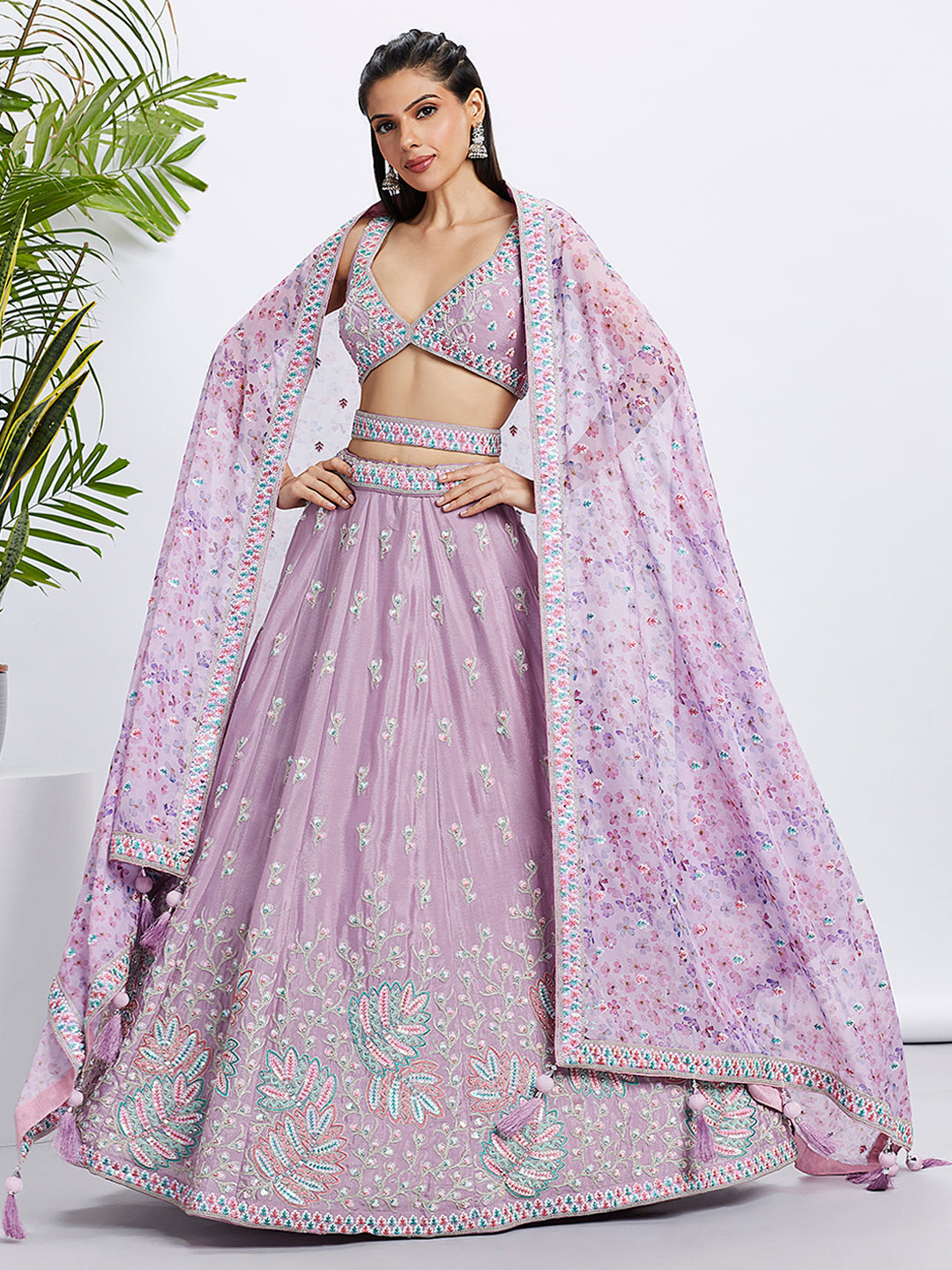 House of Panchhi Lavender Georgette Sequins And Thread Embroidery Lehenga Choli & Dupatta