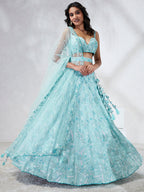 House of Panchhi Turquoise Blue Georgette Sequins And Thread Embroidery Lehenga Choli & Dupatta