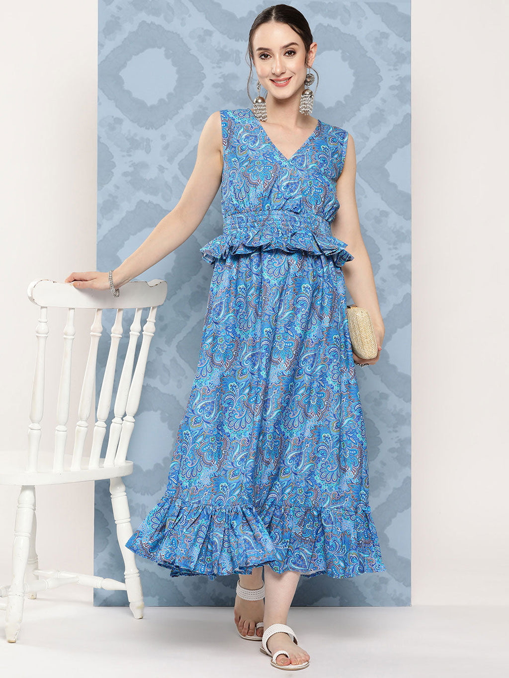 InWeave Women's Sapphire Blue Floral Paisley Print Long Frill Dress - Distacart