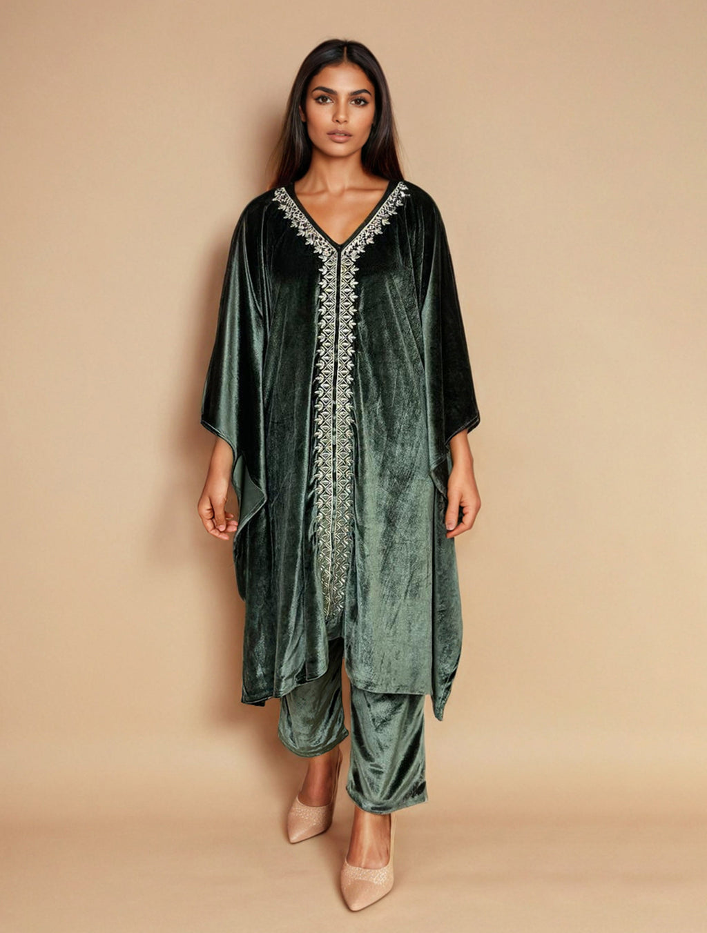 trueBrowns Olive Green Velvet Embroidered Kaftan Kurta Set - Distacart