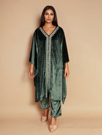 trueBrowns Olive Green Velvet Embroidered Kaftan Kurta Set - Distacart