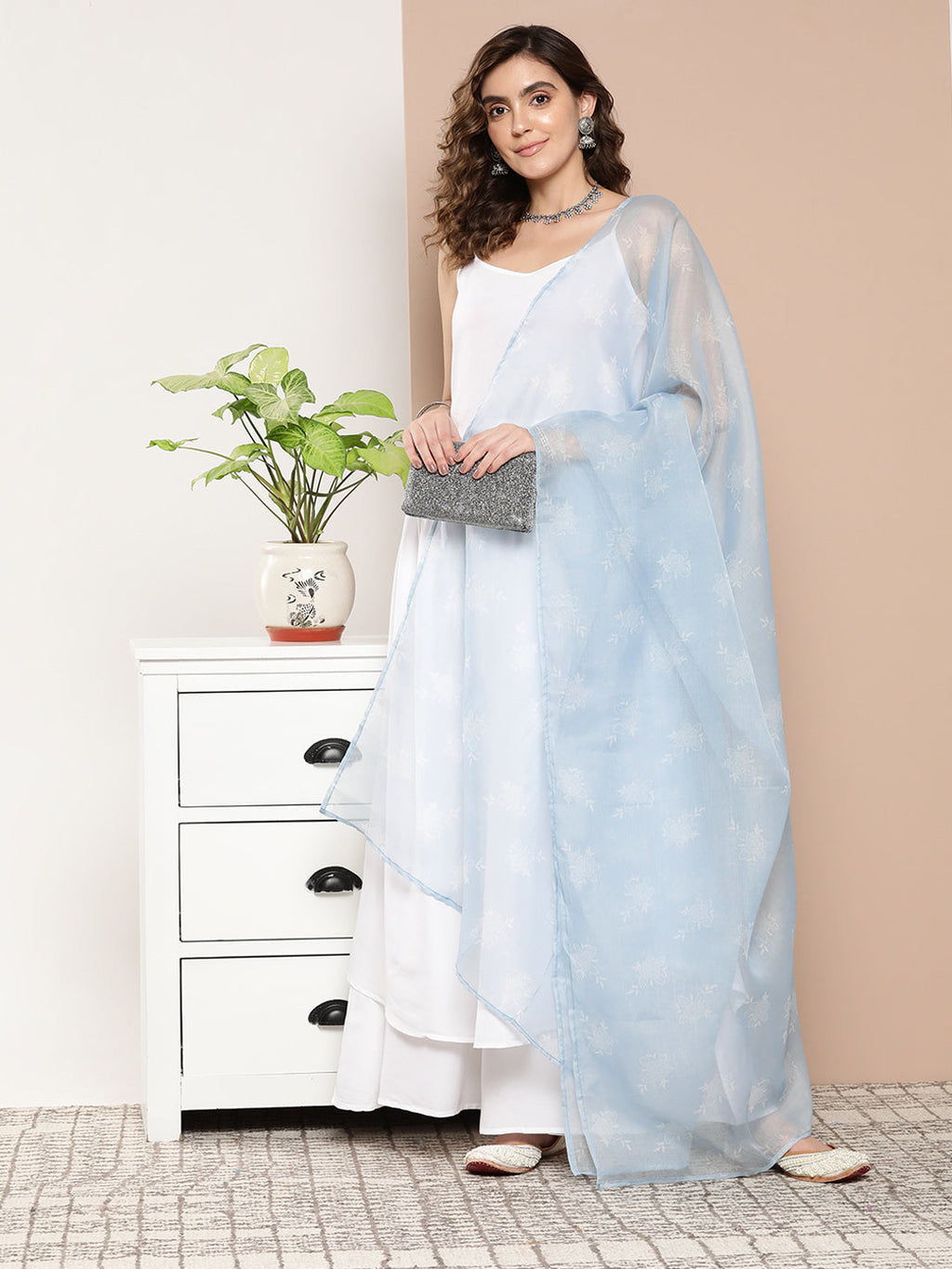 InWeave Women's Cream Strappy With Blue White Chintz Organza Dupatta