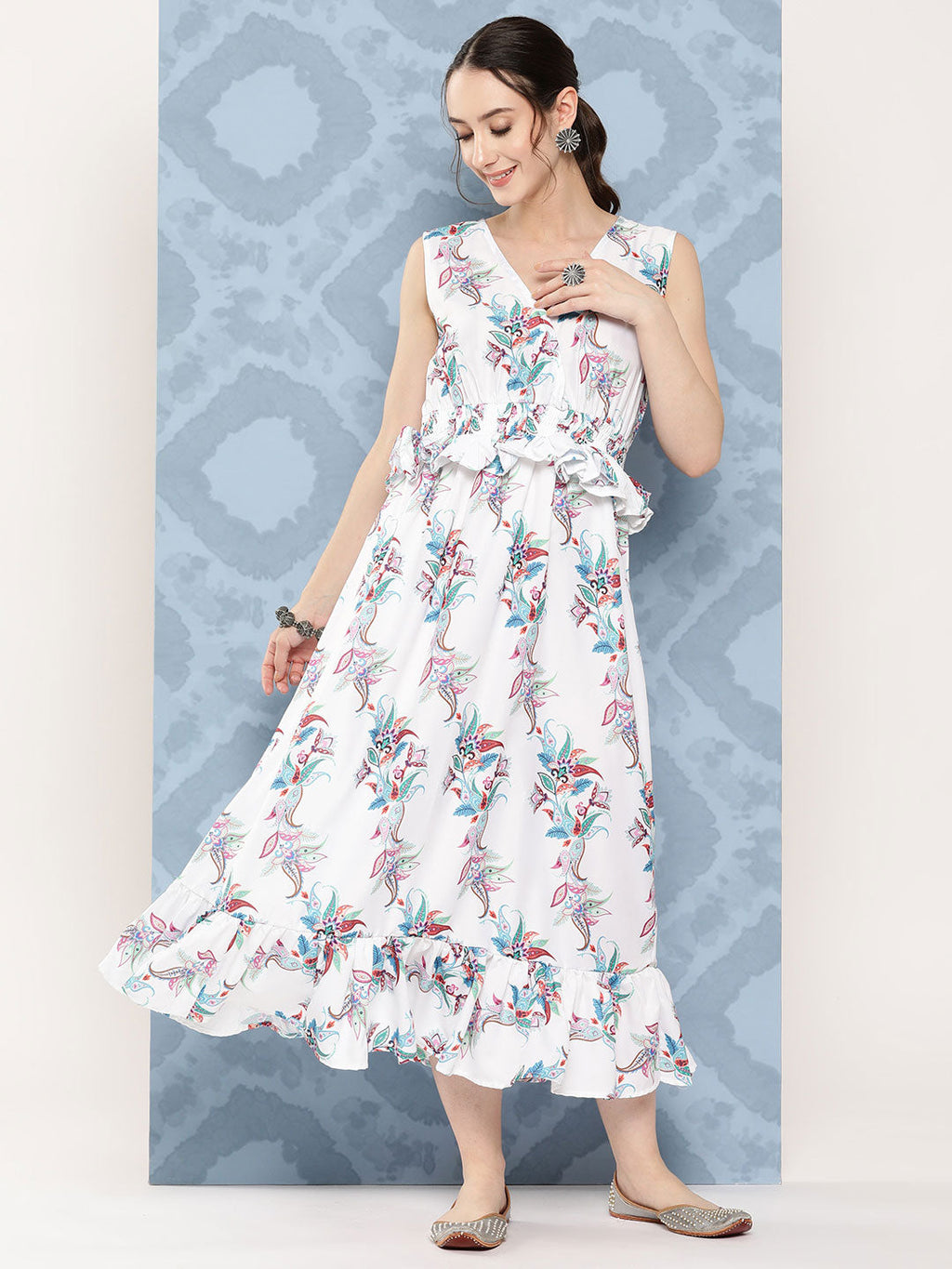 InWeave Women's White Floral Paisley Print Long Frill Dress - Distacart