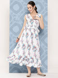 InWeave Women's White Floral Paisley Print Long Frill Dress - Distacart