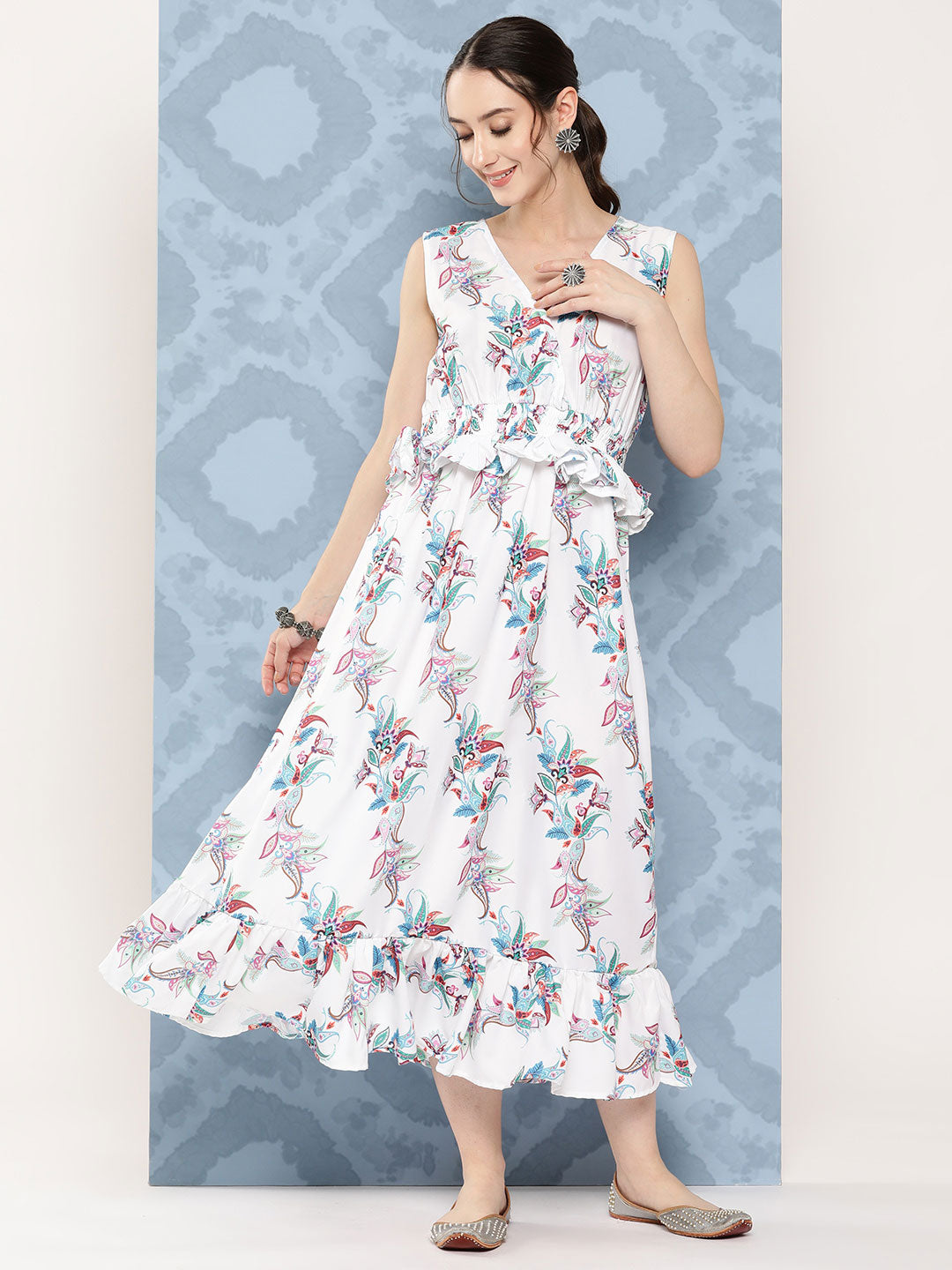 InWeave Women's White Floral Paisley Print Long Frill Dress - Distacart