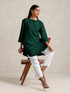 trueBrowns Dark Green Cotton Blend Short Kurta - Distacart