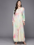 Ahalyaa Abstract Printed Gotta Patti Puff Sleeves Chiffon Maxi Ethnic Dress - Distacart