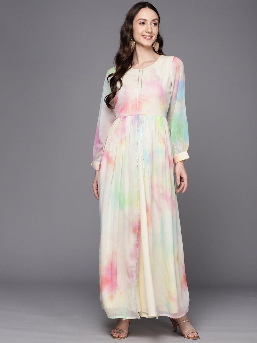 Ahalyaa Abstract Printed Gotta Patti Puff Sleeves Chiffon Maxi Ethnic Dress - Distacart