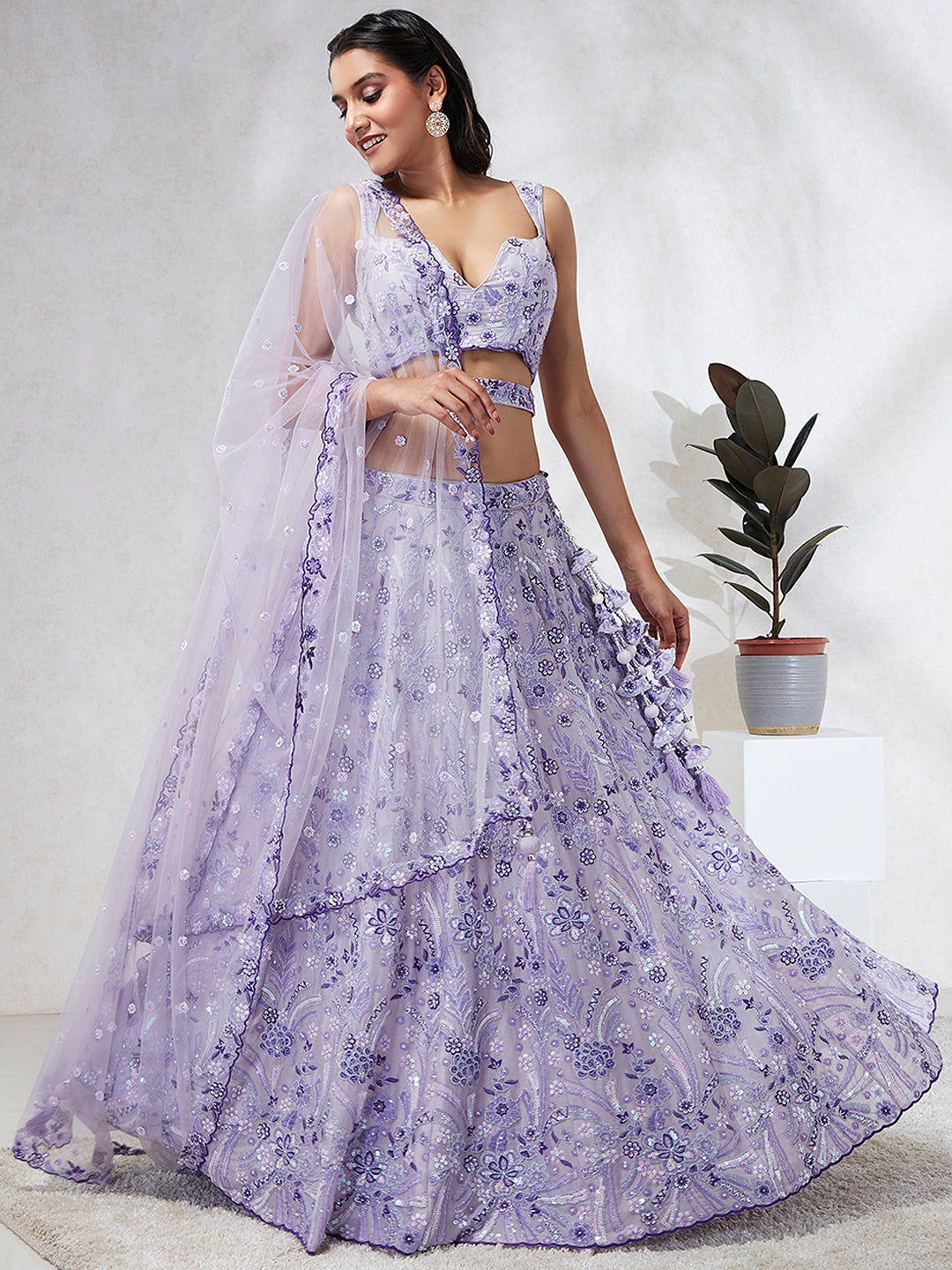 House of Panchhi Lavender Georgette Sequins And Thread Embroidery Lehenga Choli & Dupatta