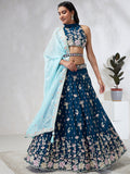House of Panchhi Teal Pure Georgette Sequins And Thread Embroidery Lehenga Choli & Dupatta