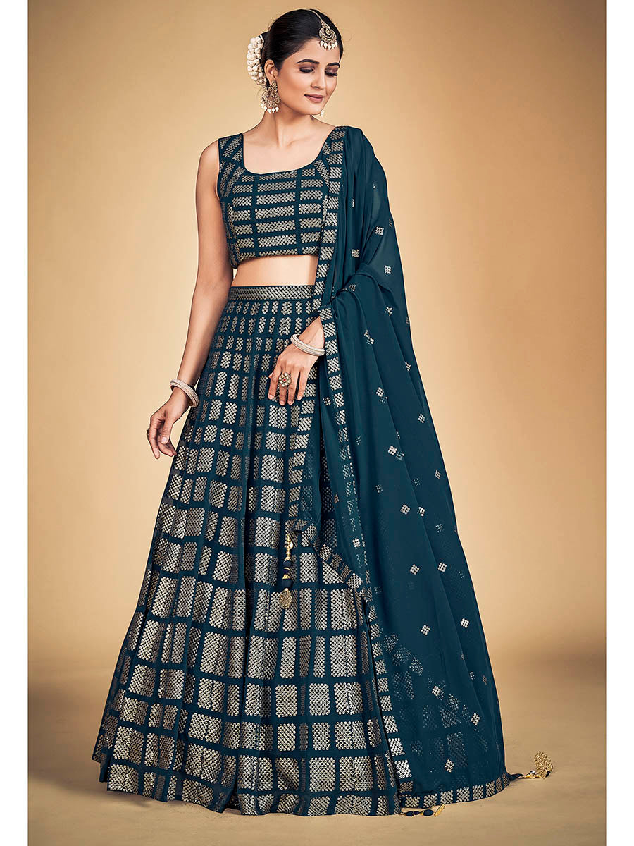 Myra Teal Blue Georgette Real Georgette Lehenga Choli