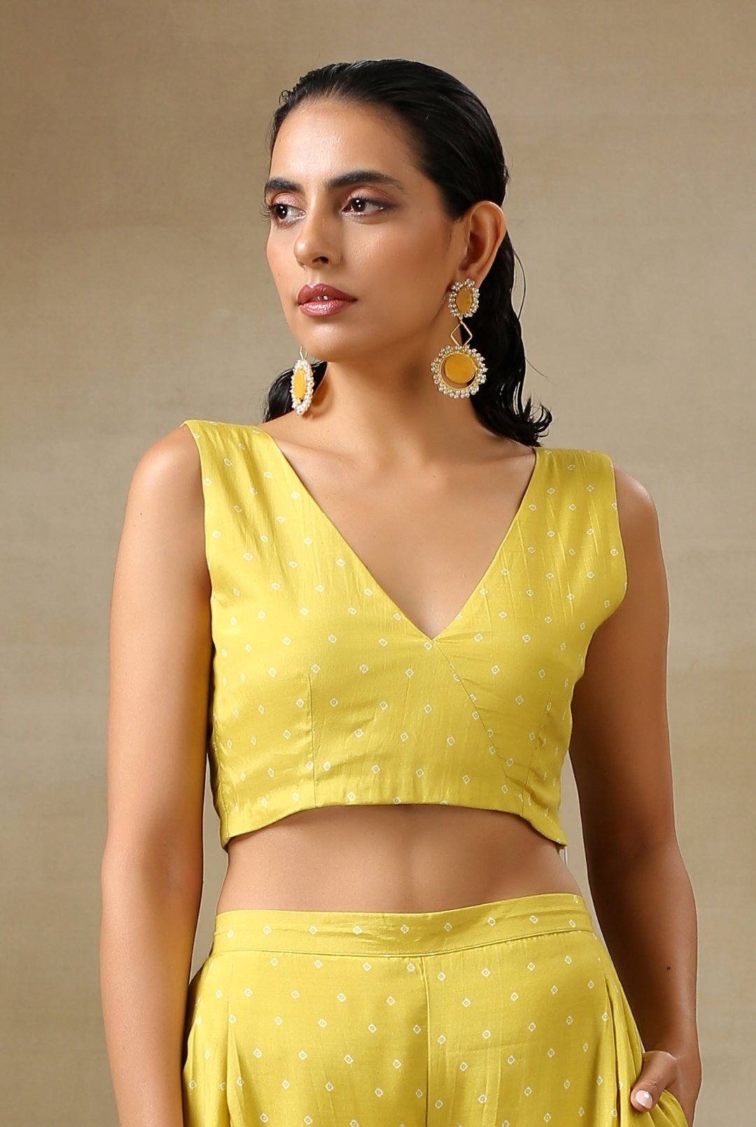 trueBrowns Lime Green Bandhani Printed Silk Sleeveless Blouse