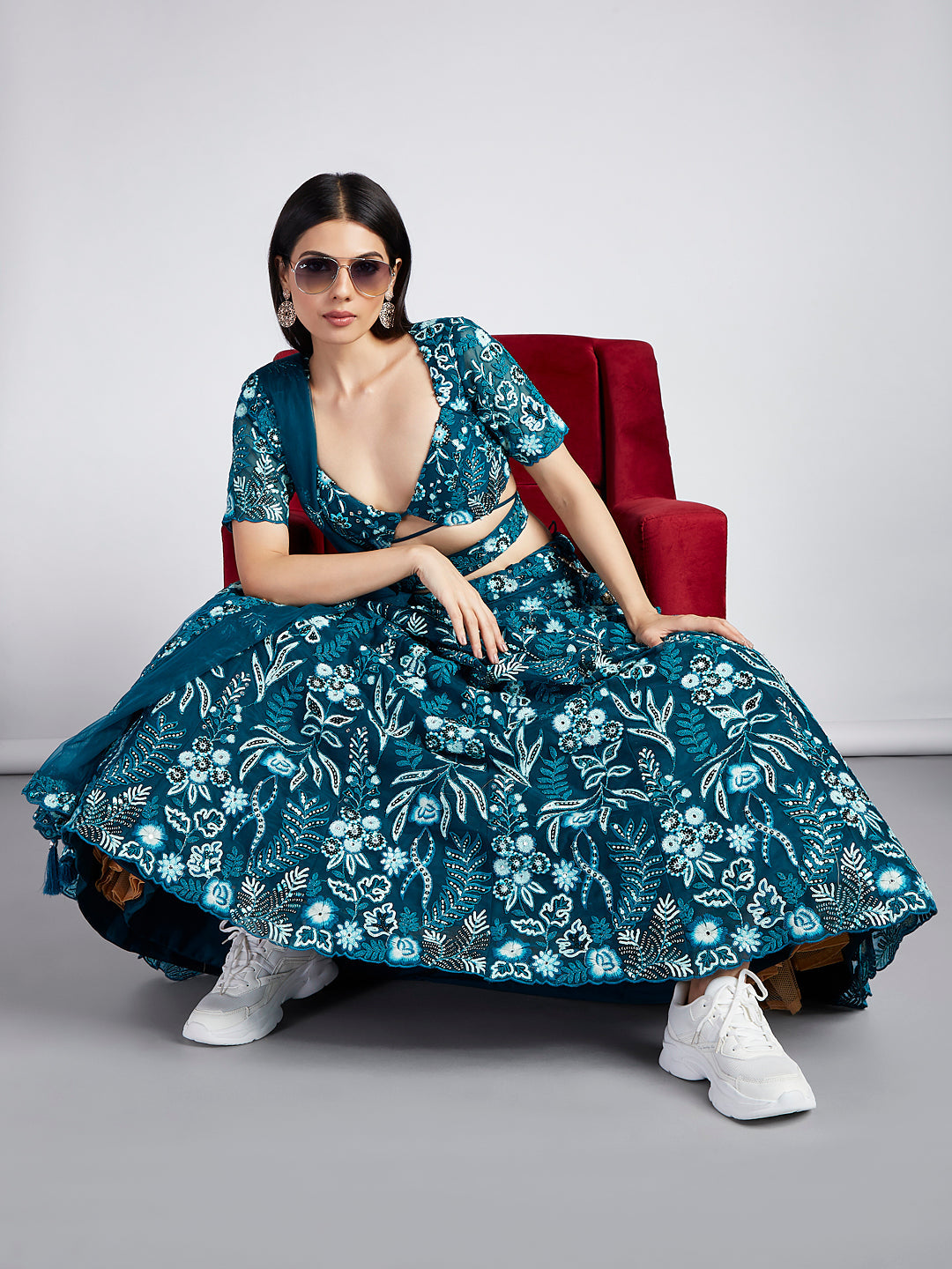 House of Panchhi Teal Net Sequins, Mirror And Thread Embroidery Lehenga Choli & Dupatta