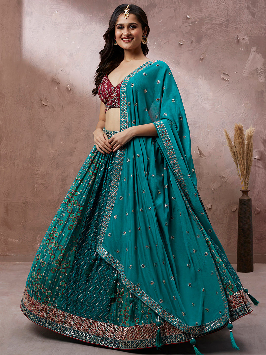 House of Panchhi Printed Embroidery Teal Georgette Sequin Lehenga Choli