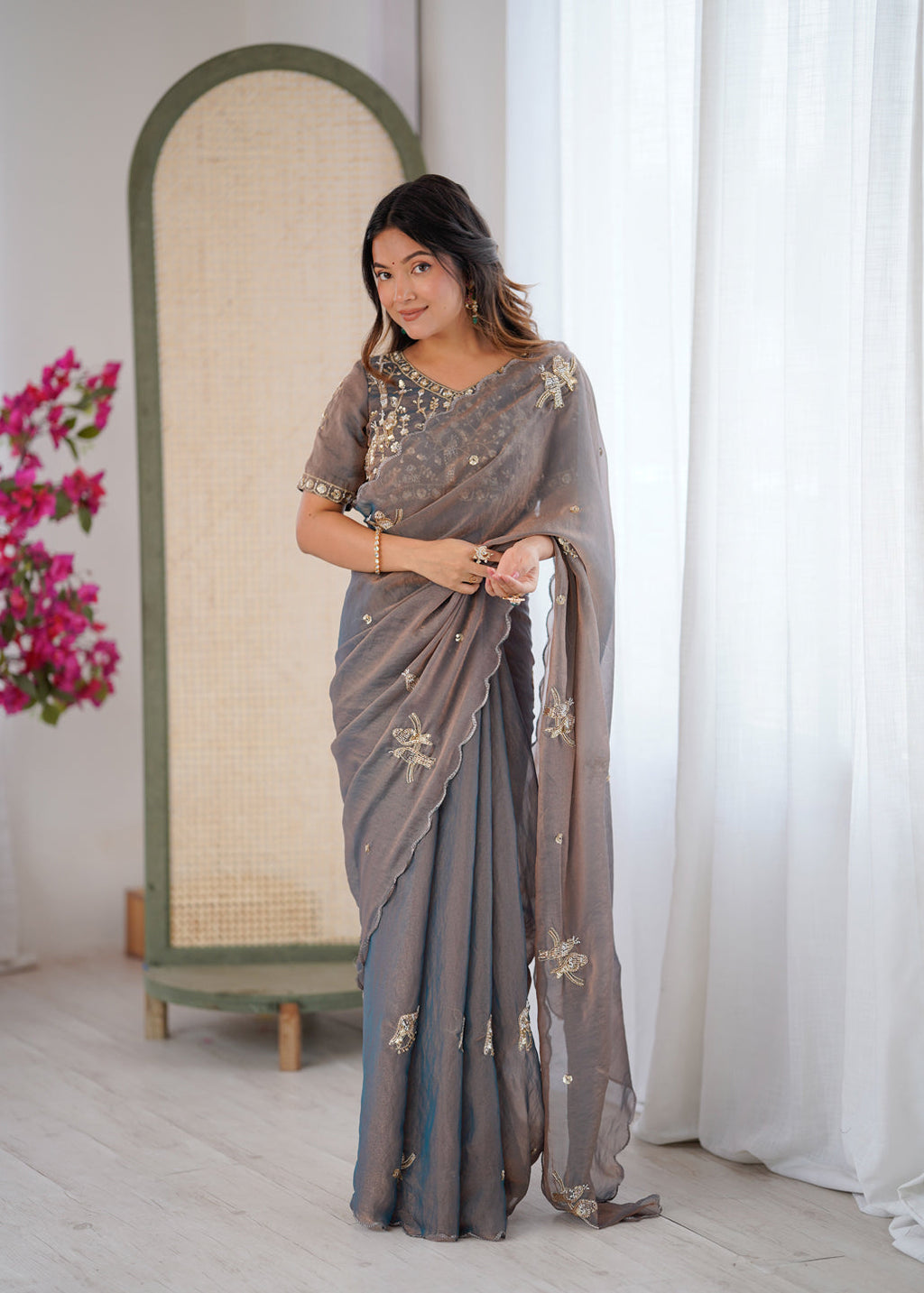 Evanik Grey Mos Silk With Handwork Butterfly Design Saree With Unstitched Blouse - Distacart