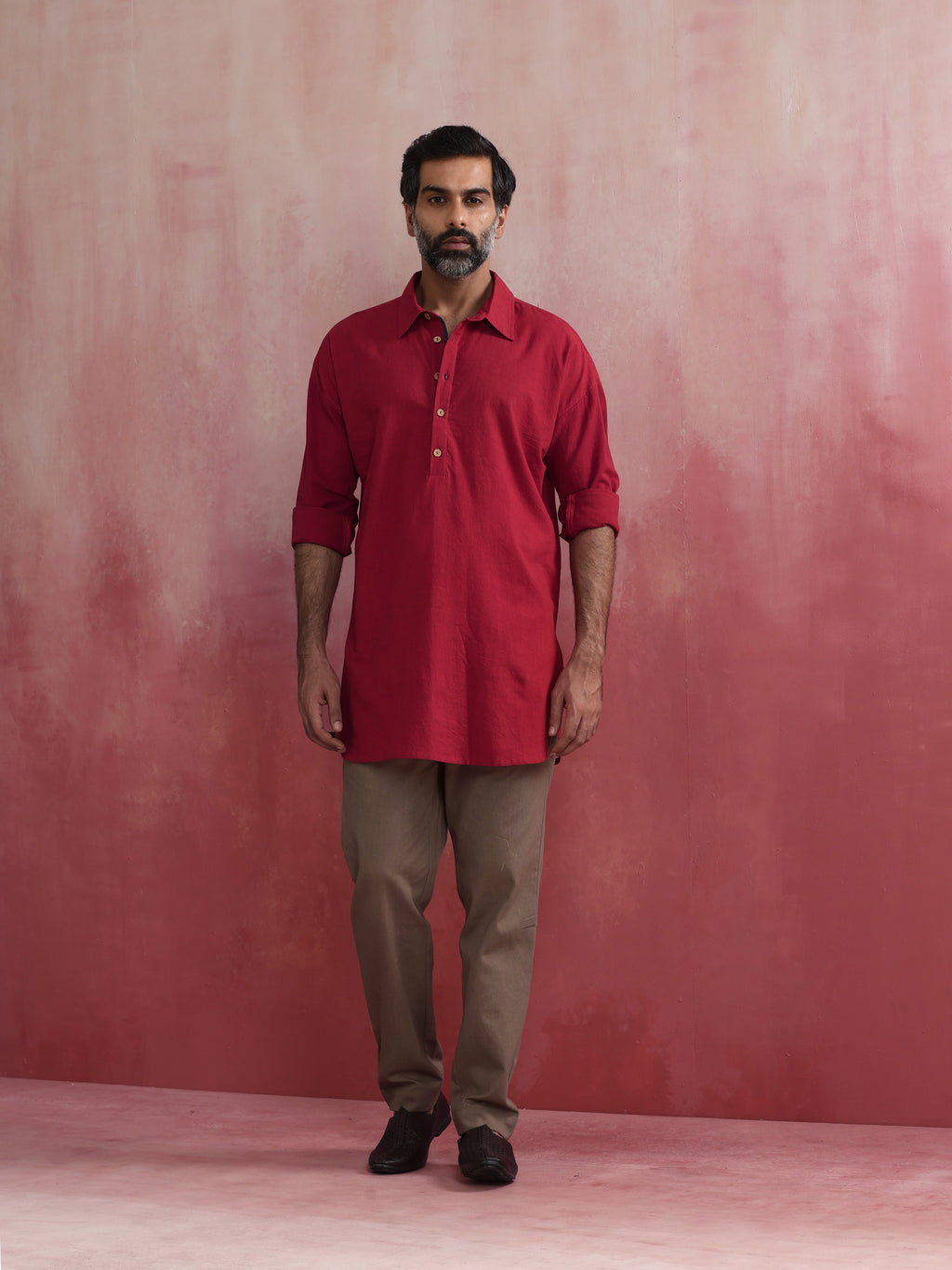 trueBrowns Men's Maroon Cotton Shirt Collar Stylized Kurta