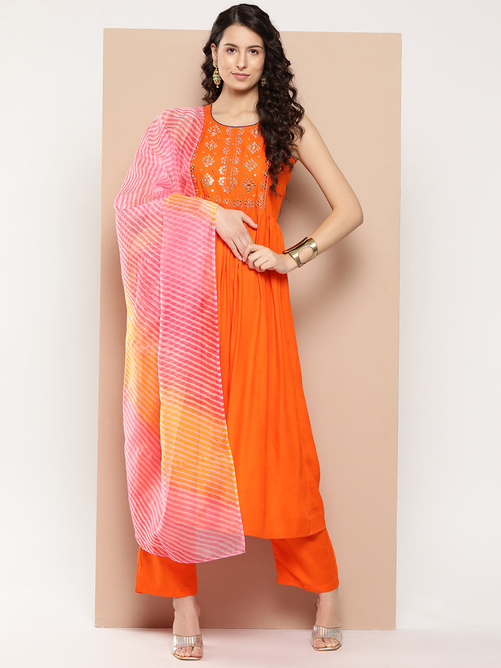 InWeave Women's Orange Mirror Work Aline Strappy Kurta Set W Pink Yellow Leh Dupatta