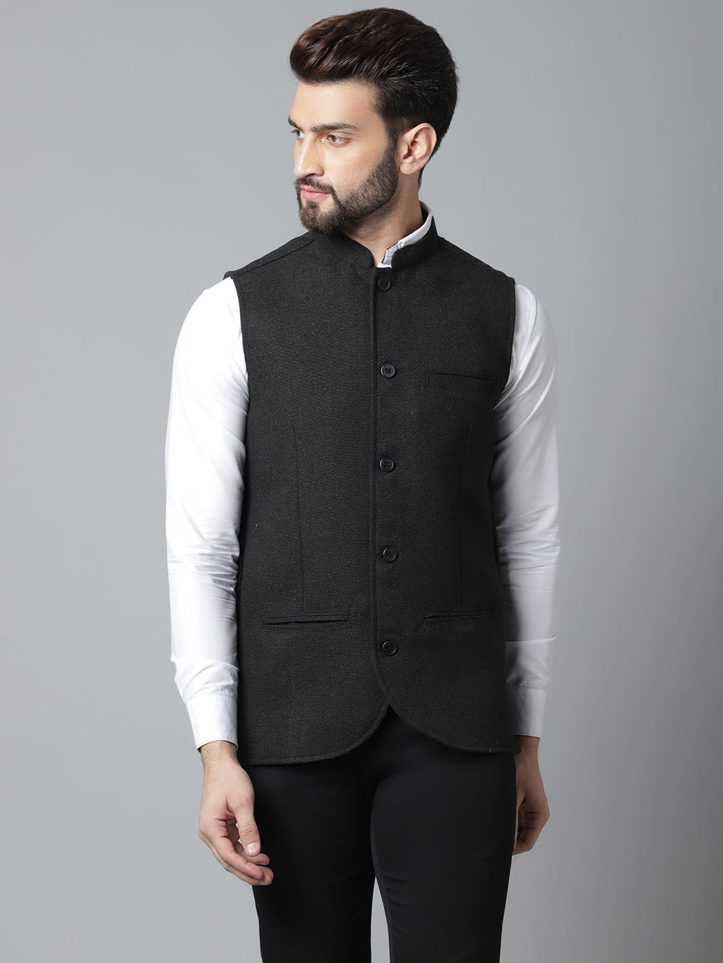 Even Apparels Men's Black Pure Wool Nehru Jacket
