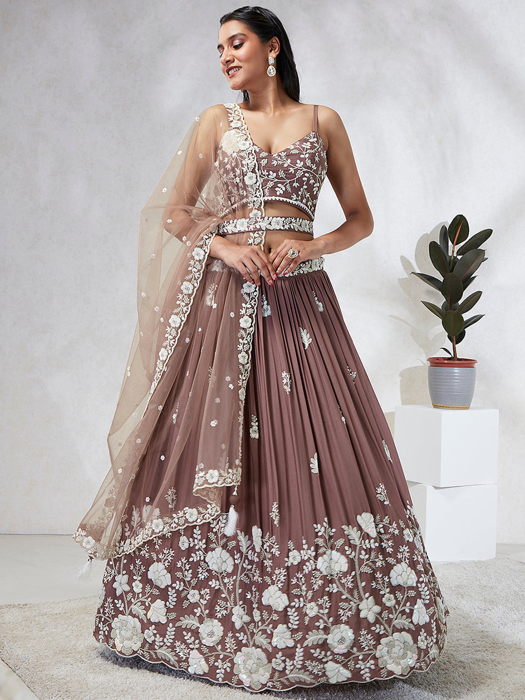 House of Panchhi Rose Gold Pure Georgette Sequins And Thread Embroidery Lehenga Choli & Dupatta