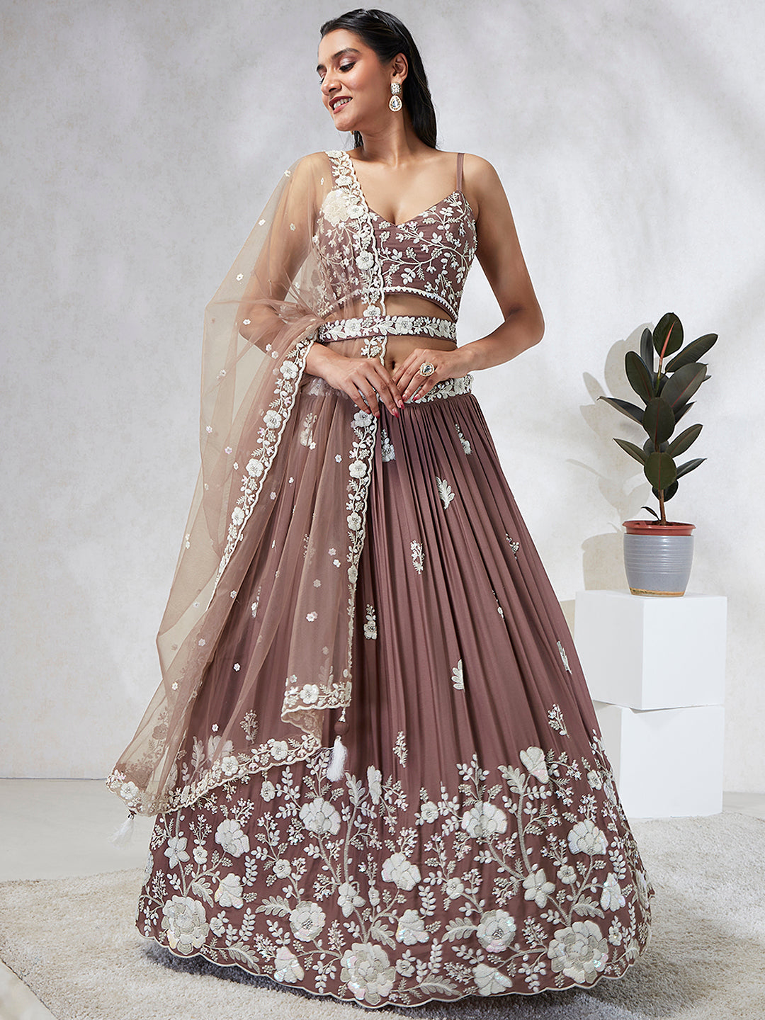 House of Panchhi Rose Gold Pure Georgette Sequins And Thread Embroidery Lehenga Choli & Dupatta