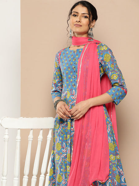 KSUT (House of Varanga) Blue Floral Printed Anarkali Kurta Paired With Printed Palazzo And Dupatta