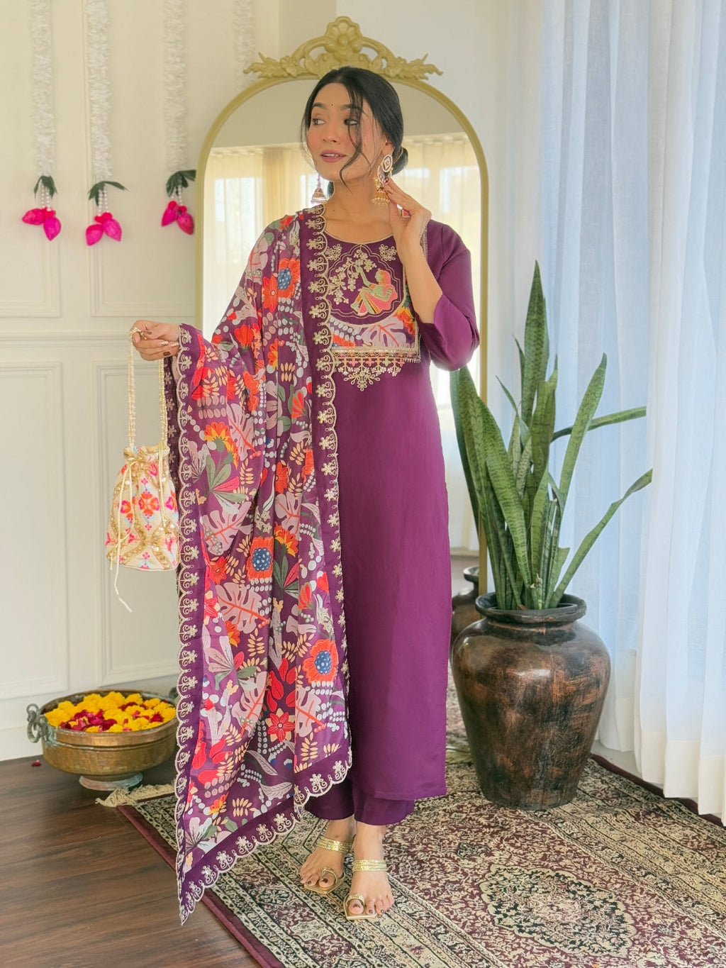 The52 Women's Viscose Chanderi Fabric Straight Kurta, Pant and Dupatta Set - Distacart